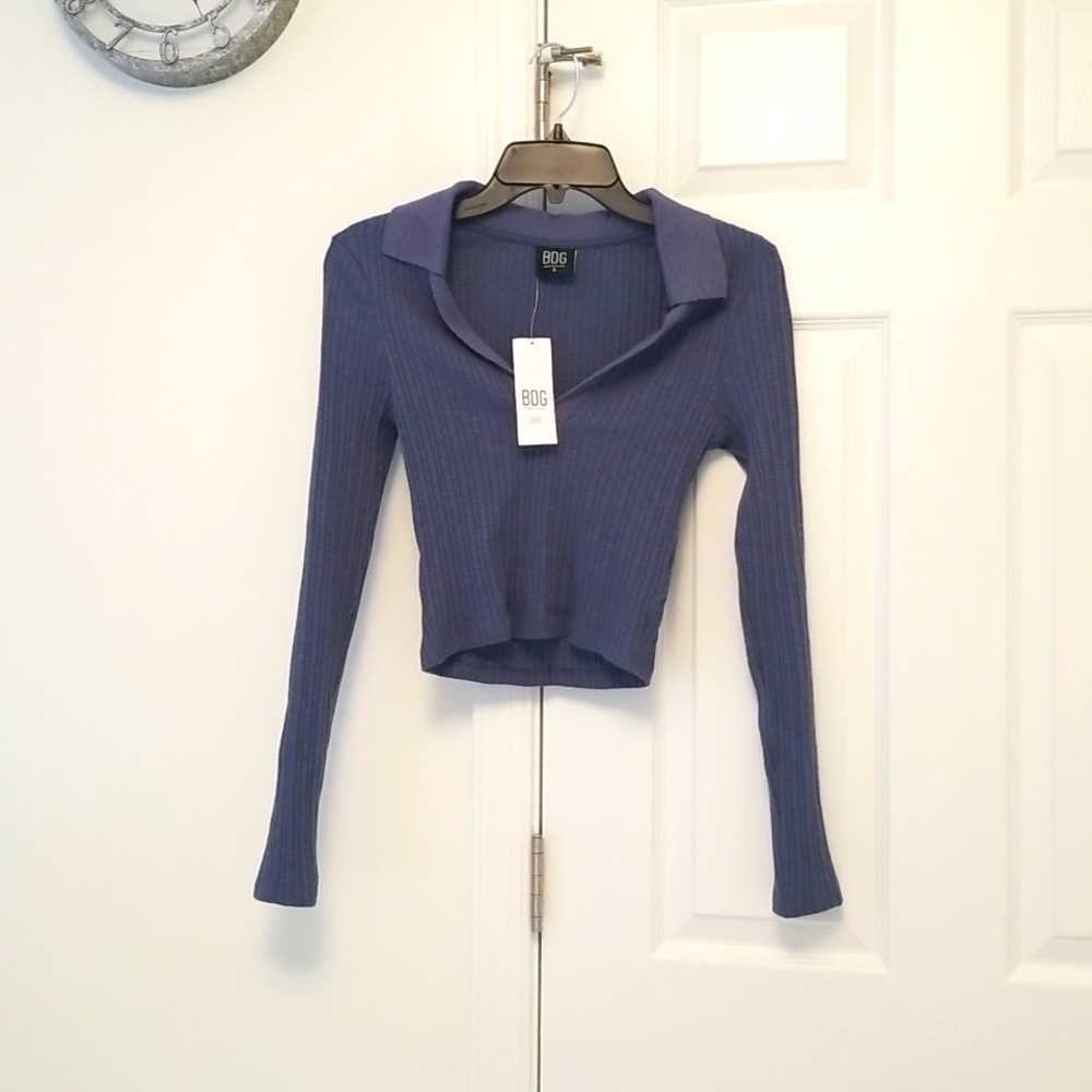 BDG - Rosie Crop Long Sleeve Polo, Vintage Indigo, Size S, NWT - Picture 4 of 13